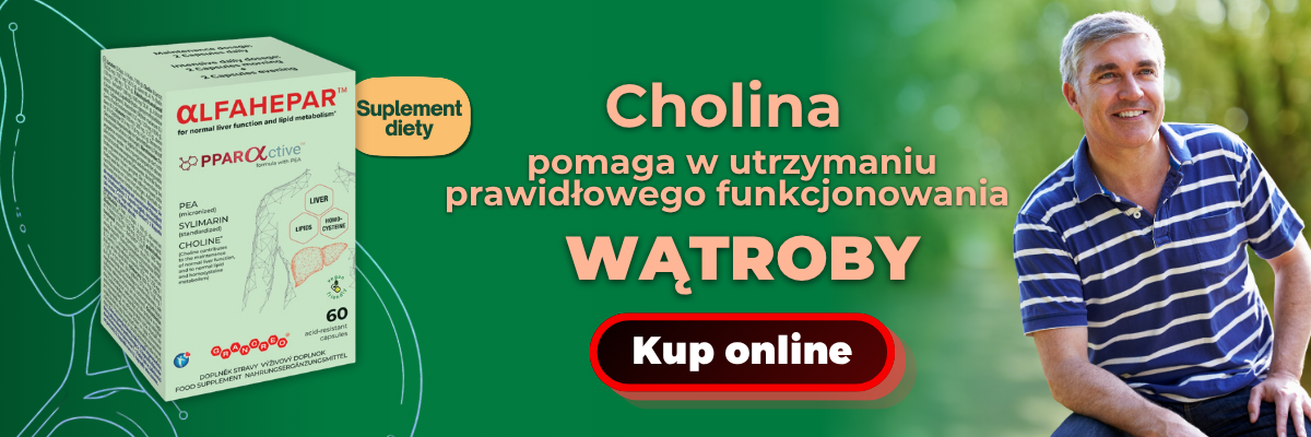 Suplement diety Alfahepar z PEA, sylimaryną i choliną, która pomaga w utrzymaniu prawidłowego funkcjonowania wątroby