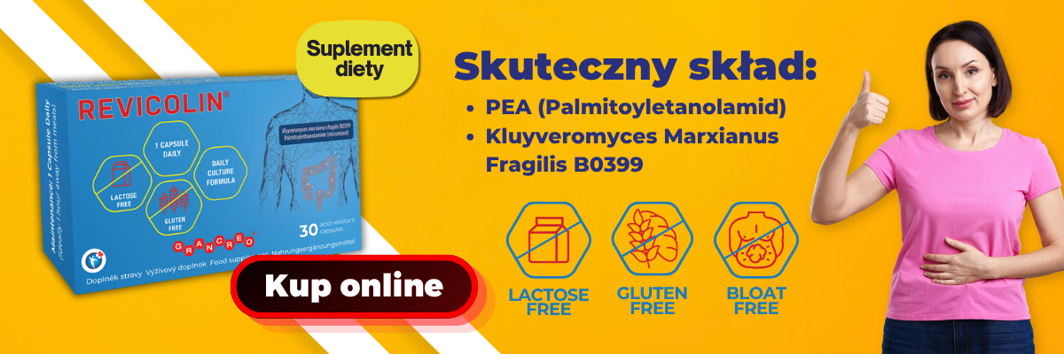 Suplement diety Revicolin z PEA i Kluyveromyces marxianus fragilis B0399, bez laktozy i bez glutenu