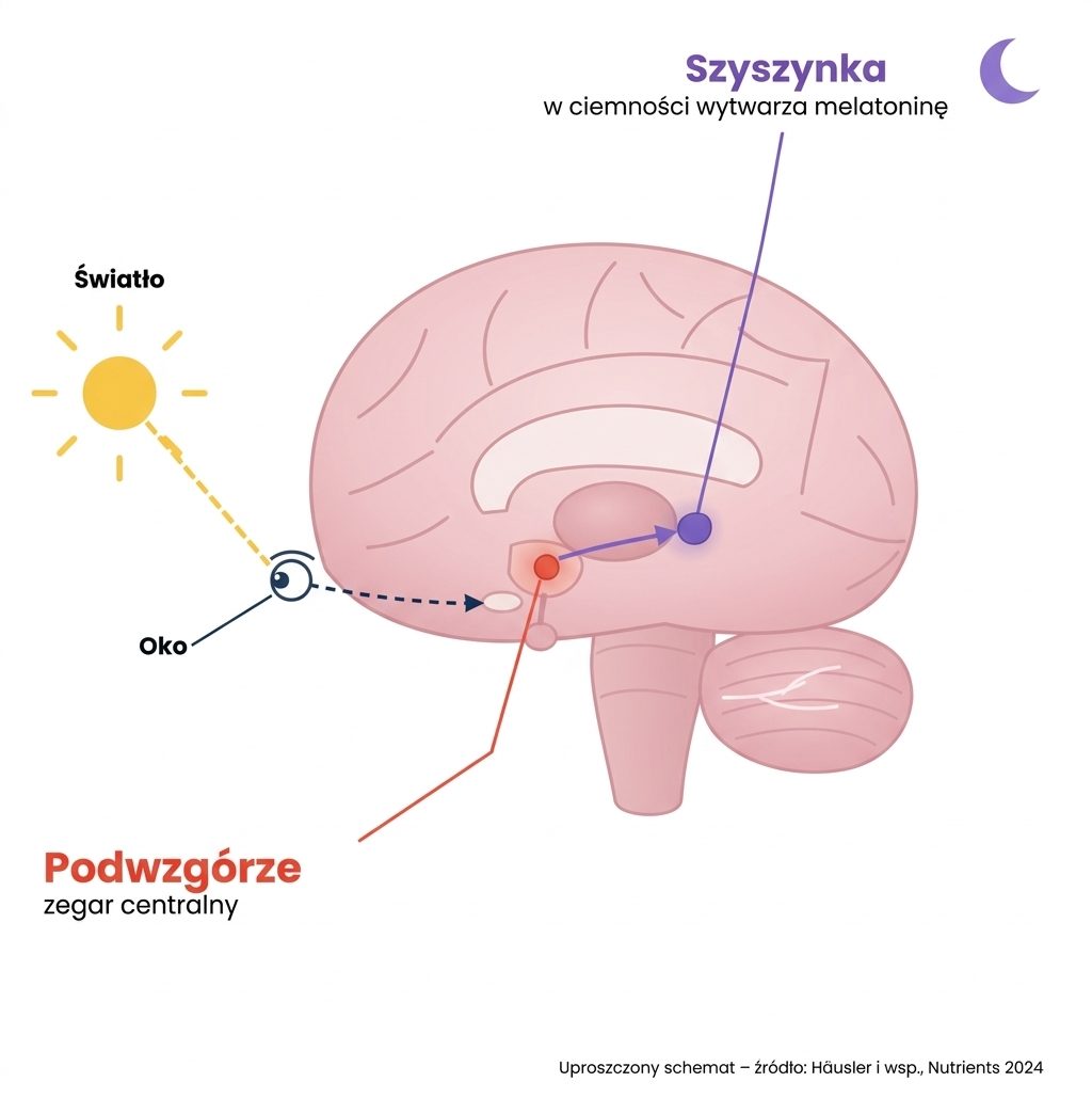 Uproszczony schemat mózgu: światło przez oko reguluje zegar centralny w podwzgórzu, a szyszynka w ciemności wytwarza melatoninę