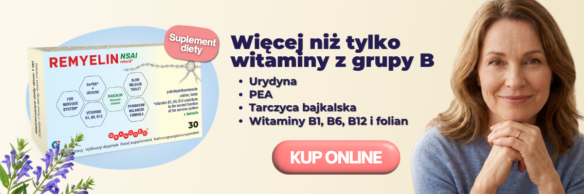 Suplement diety Remyelin NSAI z urydyną, PEA, tarczycą bajkalską oraz witaminami B1, B6, B12 i folianem