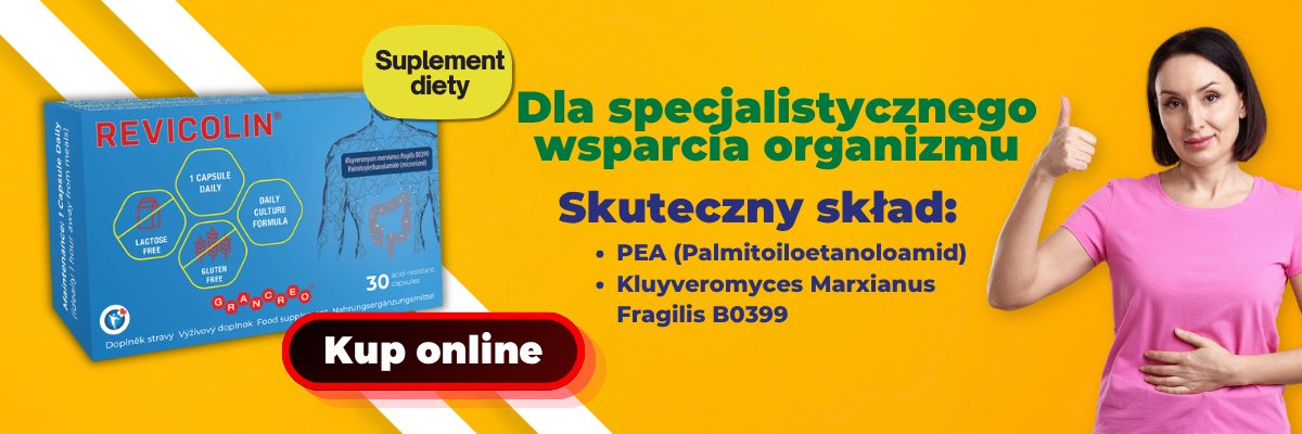 Suplement diety Revicolin z PEA i Kluyveromyces marxianus fragilis B0399 dla specjalistycznego wsparcia organizmu