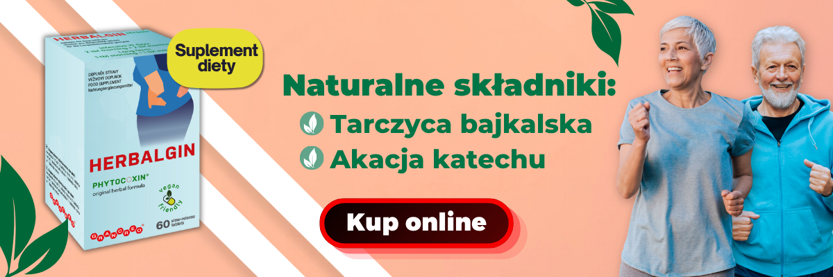 Suplement diety Herbalgin z tarczycą bajkalską i akacją katechu – uśmiechnięta starsza kobieta z laską